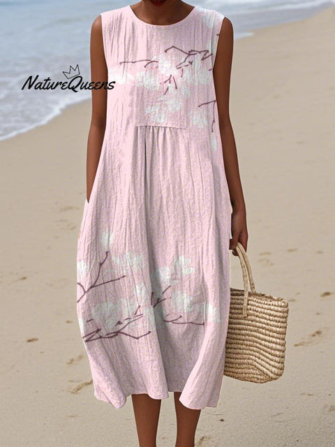 Women's Elegant Floral Print Cotton and Linen Dress