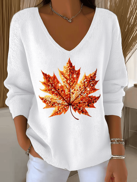 Women's Sequined Maple Leaf Printed Casual Striped Fabric Long Sleeve T-Shirt