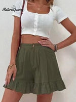 Women Summer Cotton Casual Plain Natural Ruffled Shorts