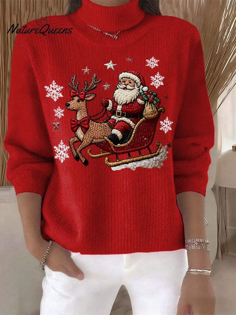 Women's Retro Santa Print Turtleneck Knit Top