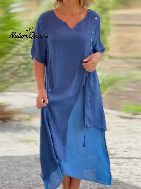 Women’s Country Style V Neck Short Sleeve Irregular Hem Dress Blue / S