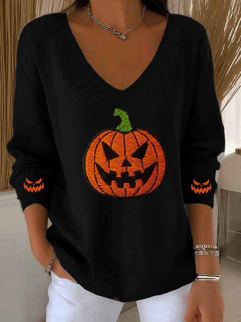 Women's Ghost Face Pumpkin Print Casual Striped Fabric Long Sleeve T-shirt