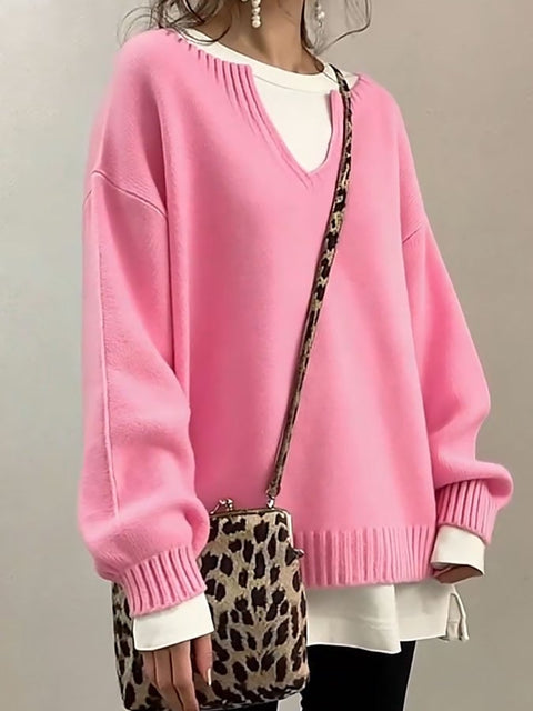 Women's Casual V-Neck Long-Sleeved Solid Color Sweater