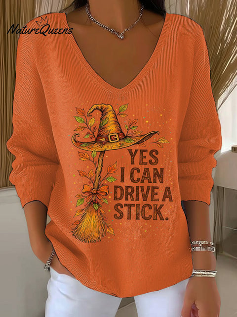 Women's Yes I Can Drive A Stick Print V Neck Sweater