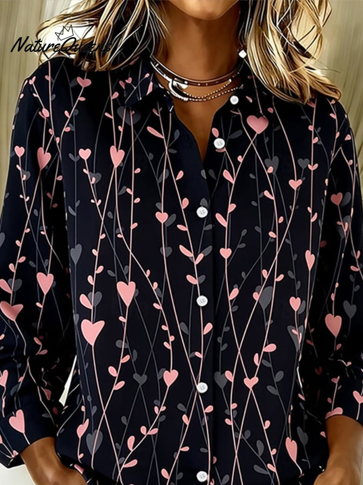 Women'S Casual Lapel Shirt With Heart Print