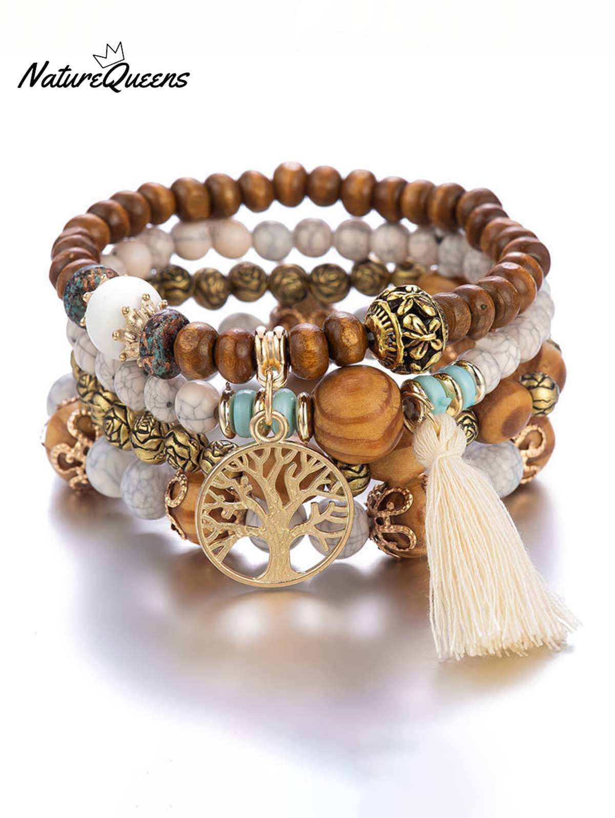 Bohemian Fringe Ursime Beaded Layered Bracelet Beige