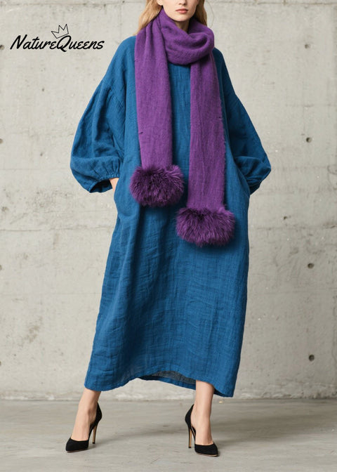 DIY Peacock Blue Oversized Cotton Holiday Dress Lantern Sleeve