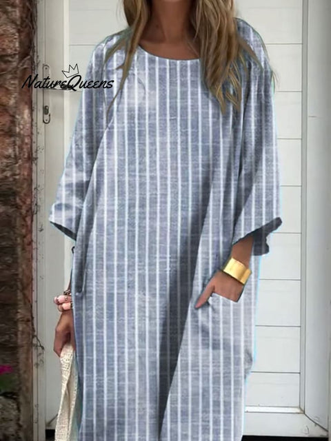 Women's Casual Striped Slant Pocket Round Neck Dress