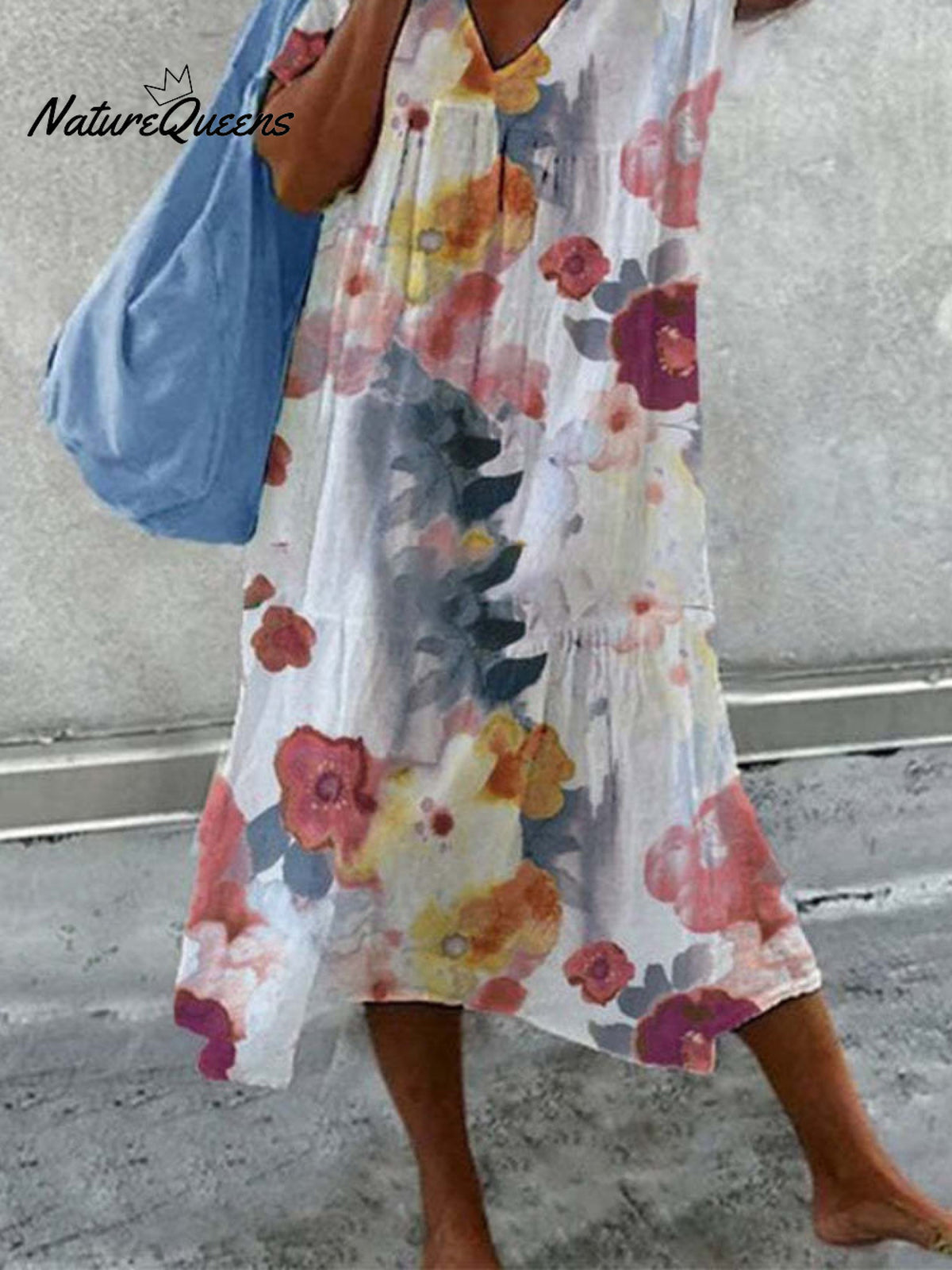 Flower print short-sleeved V-neck splicing long dress