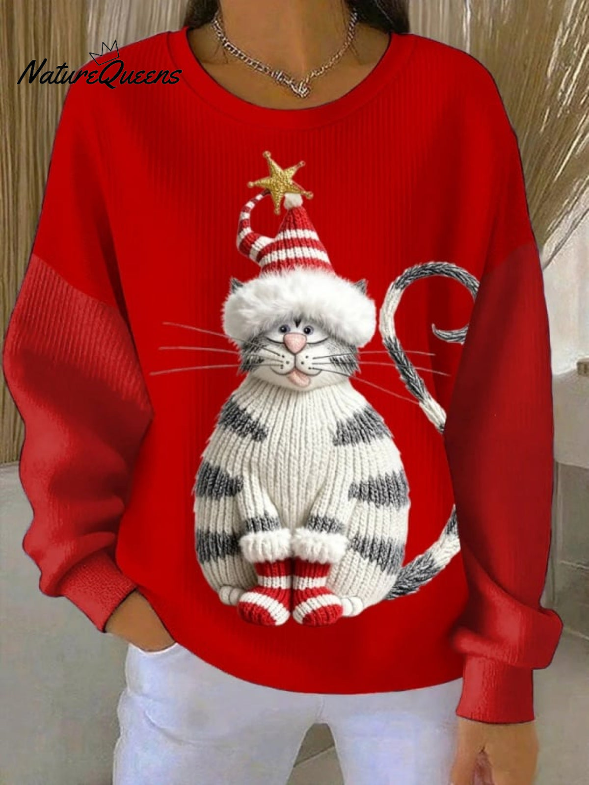 Women's Retro Christmas Cat Print Sweatshirt