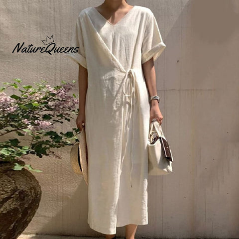 Women's Solid Color Lace-up Cotton Linen Midi Dress