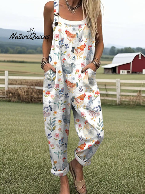 Women's Farm Animal Chicken And Floral Print Casual Cotton Wide Leg Jumpsuit