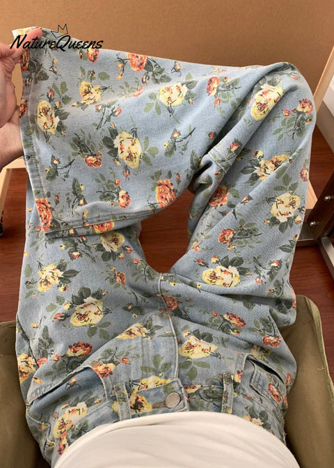 Women Blue Flower Print Denim Wide Leg Pants Fall