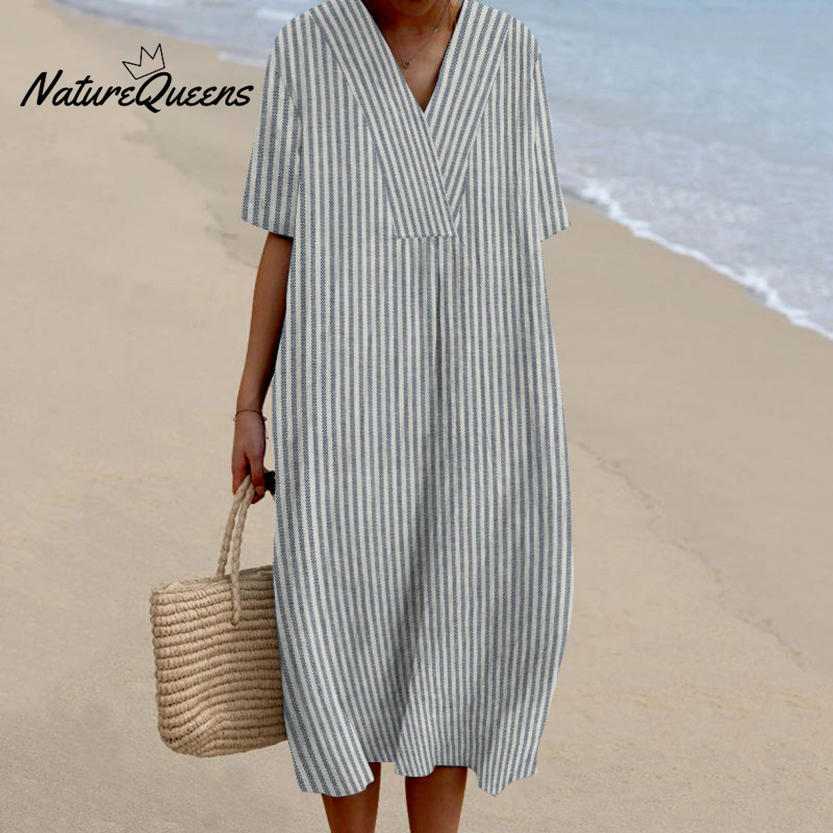 Striped Print V-Neck Loose Midi Dress