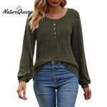 Women's Fall Button Scoop Neck Puff Long Sleeve Henley Shirts