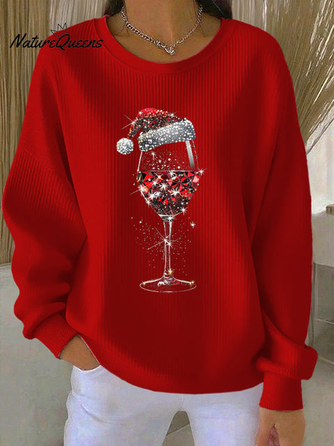 Women's Retro Christmas Red Wine Glass Print Round Neck Sweatshirt