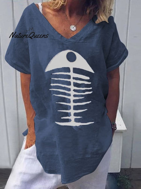 Fishbone Print Loose Cotton Linen T-Shirt Summer