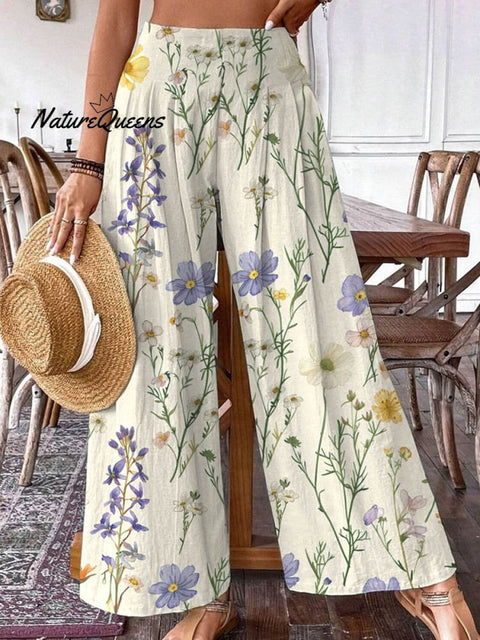 Women's Simple Elegant Floral Print Pattern Cotton Wide Leg Pants