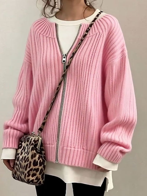 Women'S Casual Round Neck Solid Color Sweater Jacket