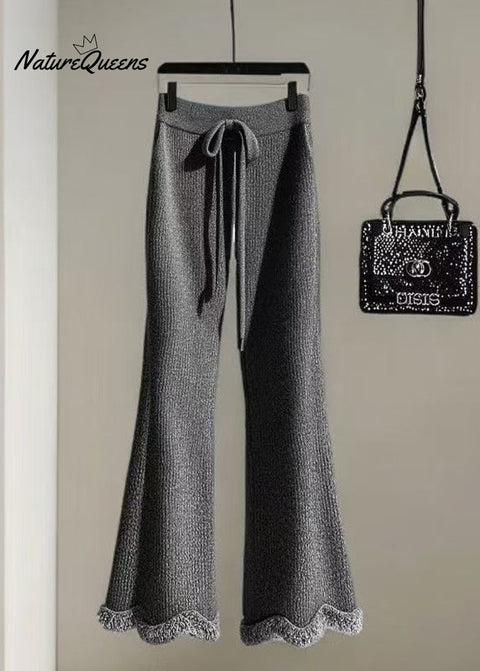 Women Grey Cozy Elastic Waist Knit Flared Trousers Fall