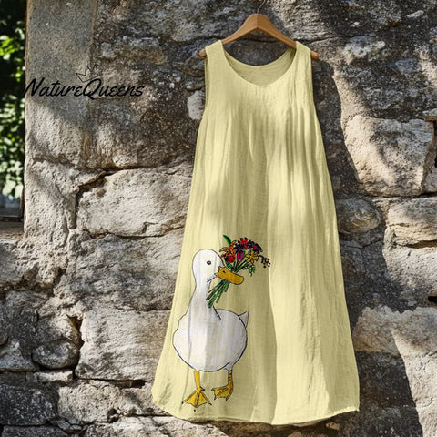 Cute Duck With Floral Art Linen Tank Dress