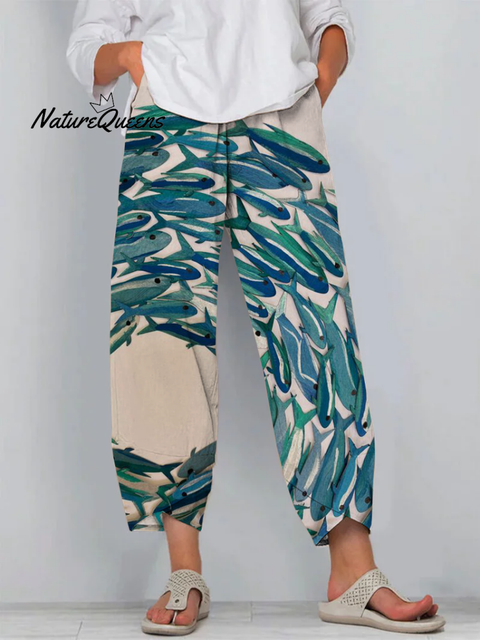 Japanese Multicolor Sardines Art Print Cropped Pants