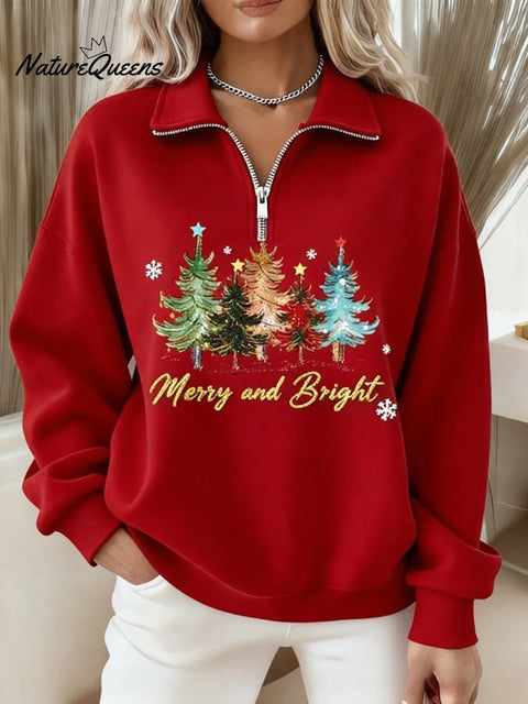 Women'S “Merry & Brightâ€?Print Casual Long Sleeve Zip Sweatshirt