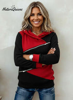 Women's Casual Loose Paneled Color-Block Zipper Hooded Sweatshirt