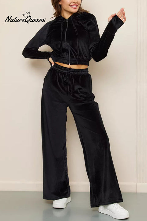Solid Color Velvet Hooded Zip-up Sweatshirt and Elastic Waist Casual Pocket Straight-leg Pants Set