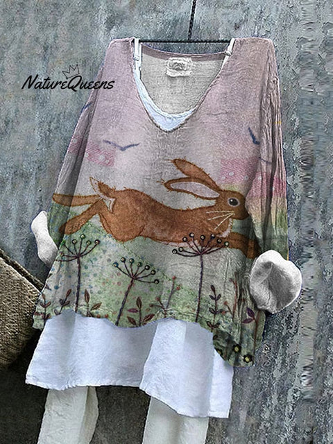 Meadow Cute Rabbit Embroidery Linen V-neck Shirt