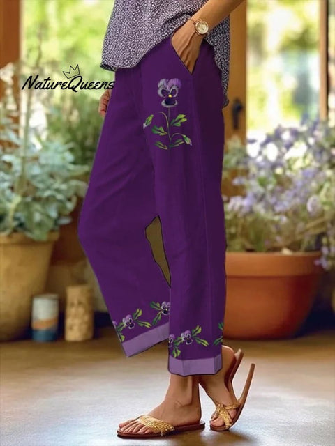 Women's Purple Floral Pansy Dementia Alzheimer's Disease Awareness Printed Cotton and Linen Casual Pants