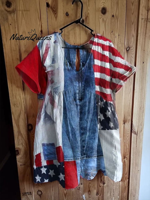 Women's Independence Day cotton and linen V-neck print T-shirt