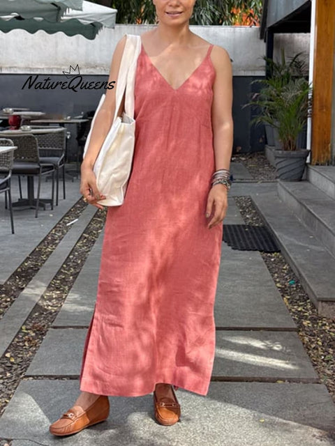 Women's Casual Solid Color Sling Slit Cotton and Linen Dress