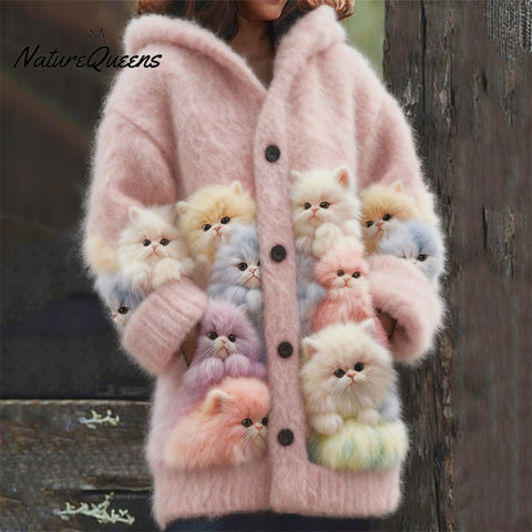 Lovely Fuzzy Colorful Cats Cozy Hooded Cardigan