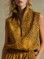 Casual Western Leopard Print Brown Sleeveless Top And Shorts Set