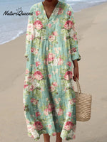 Women's Fresh Retro Flowers Watercolor Splash Fluid Art Print Flowy Dress