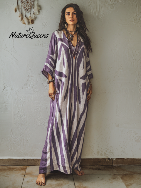 Linen Printed Kaftan Maxi Dress