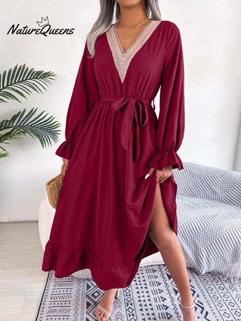 Women's Casual Elegant V-Neck Lace Waist Hollow Out Long Dress
