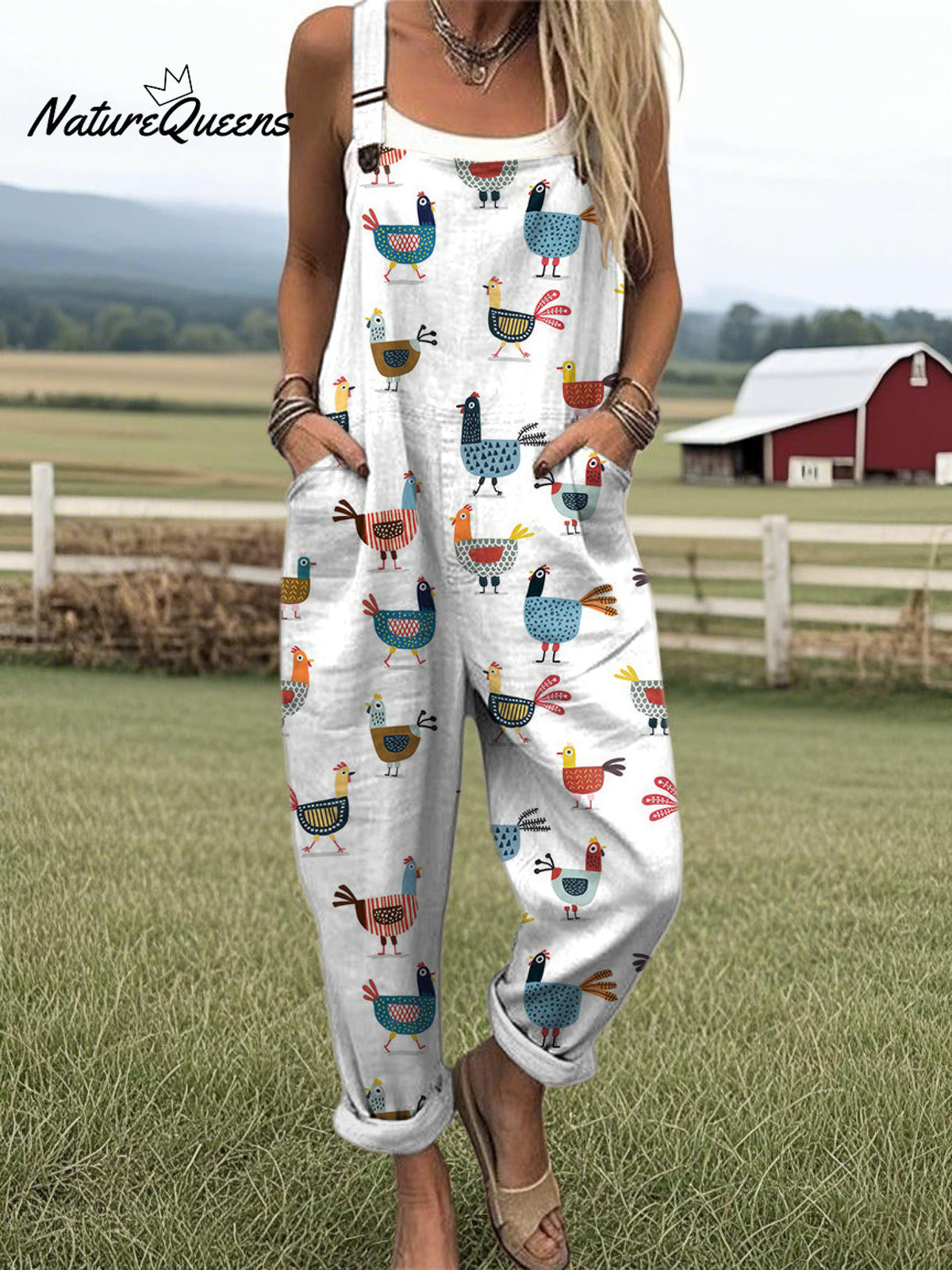 Women's Funny Farm Chicken Pattern Casual Cotton Wide Leg Jumpsuit