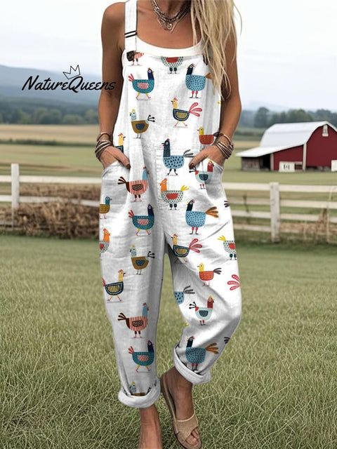 Women's Funny Farm Chicken Pattern Casual Cotton Wide Leg Jumpsuit