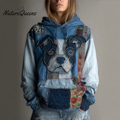 Cute Dog Boho Floral Embroidered Patchwork Cozy Hoodie
