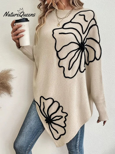 Women's Casual Elegant Black Floral Contrast Round Neck Knit Sweater