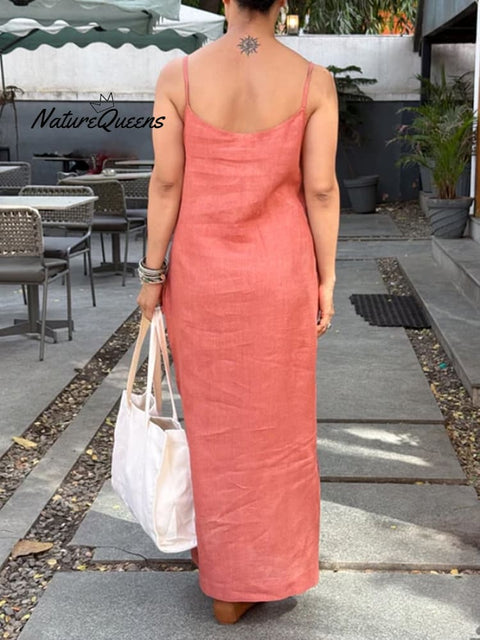 Women's Casual Solid Color Sling Slit Cotton and Linen Dress