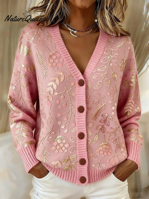 Women's Casual Retro Pink Floral Knitted Cardigan