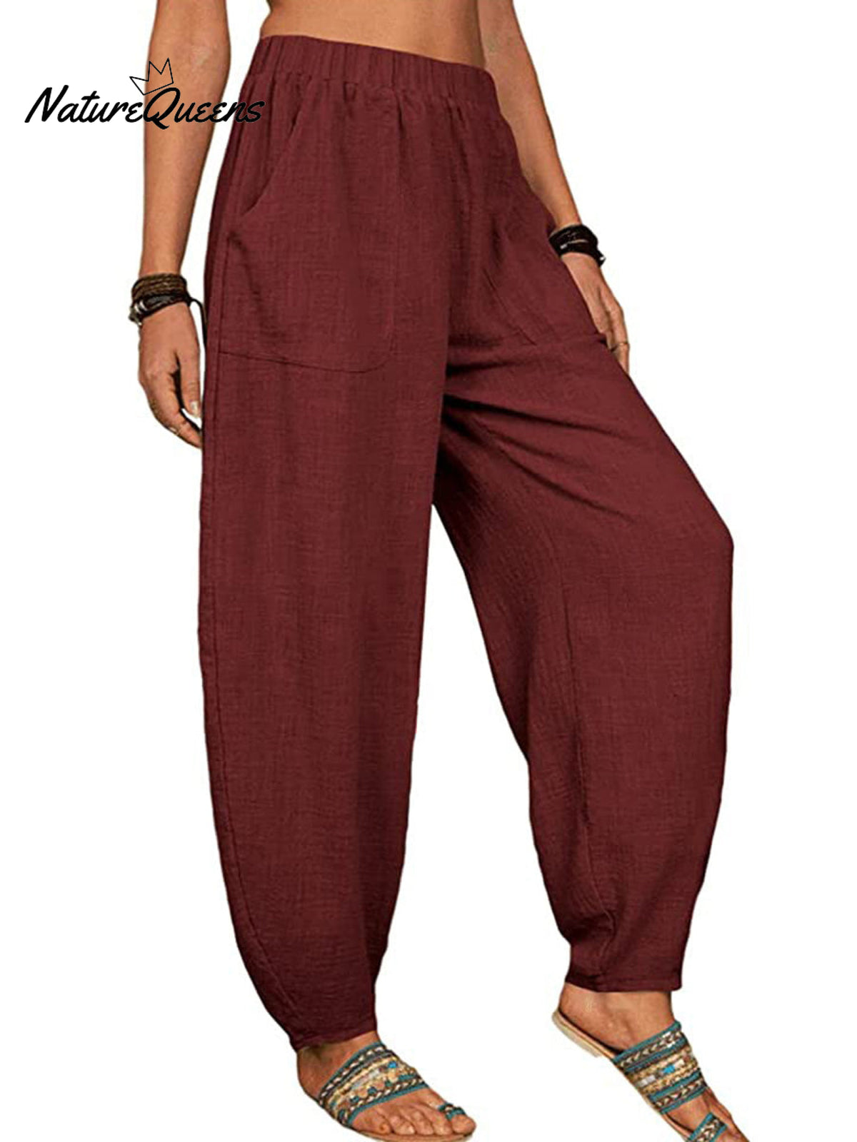 Casual Plain Loose Cotton Harem Pants Claret / S