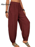 Casual Plain Loose Cotton Harem Pants Claret / S