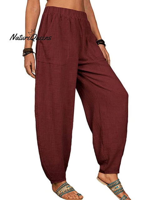 Casual Plain Loose Cotton Harem Pants Claret / S