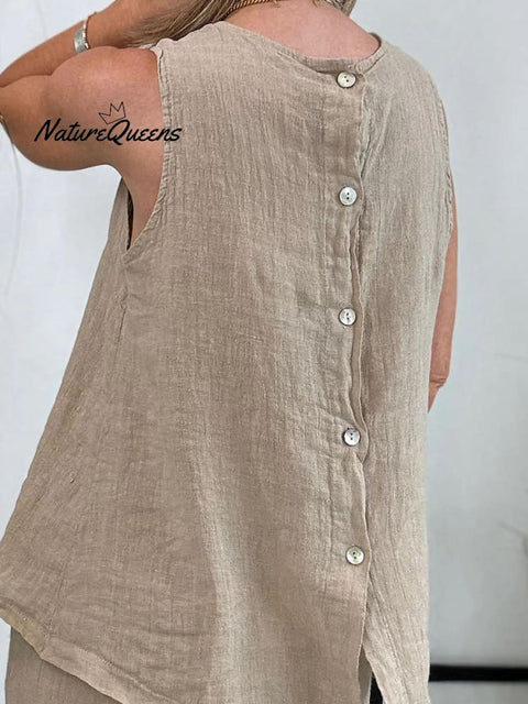 Cotton and linen sleeveless casual two-piece set