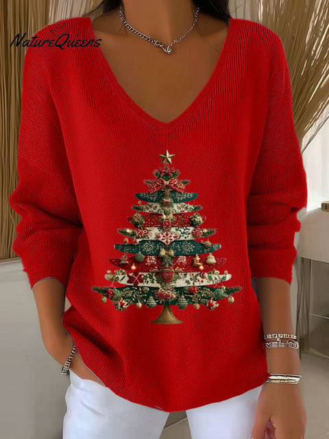 Women's Christmas Printed Knit Long Sleeve Top