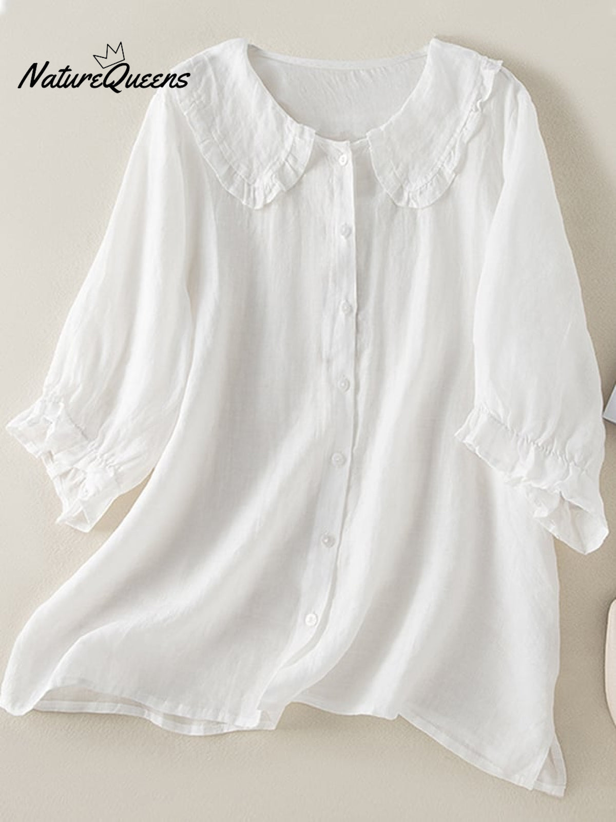 Cotton Linen Loose Peter Pan Ruffles Neck Shirt White / M